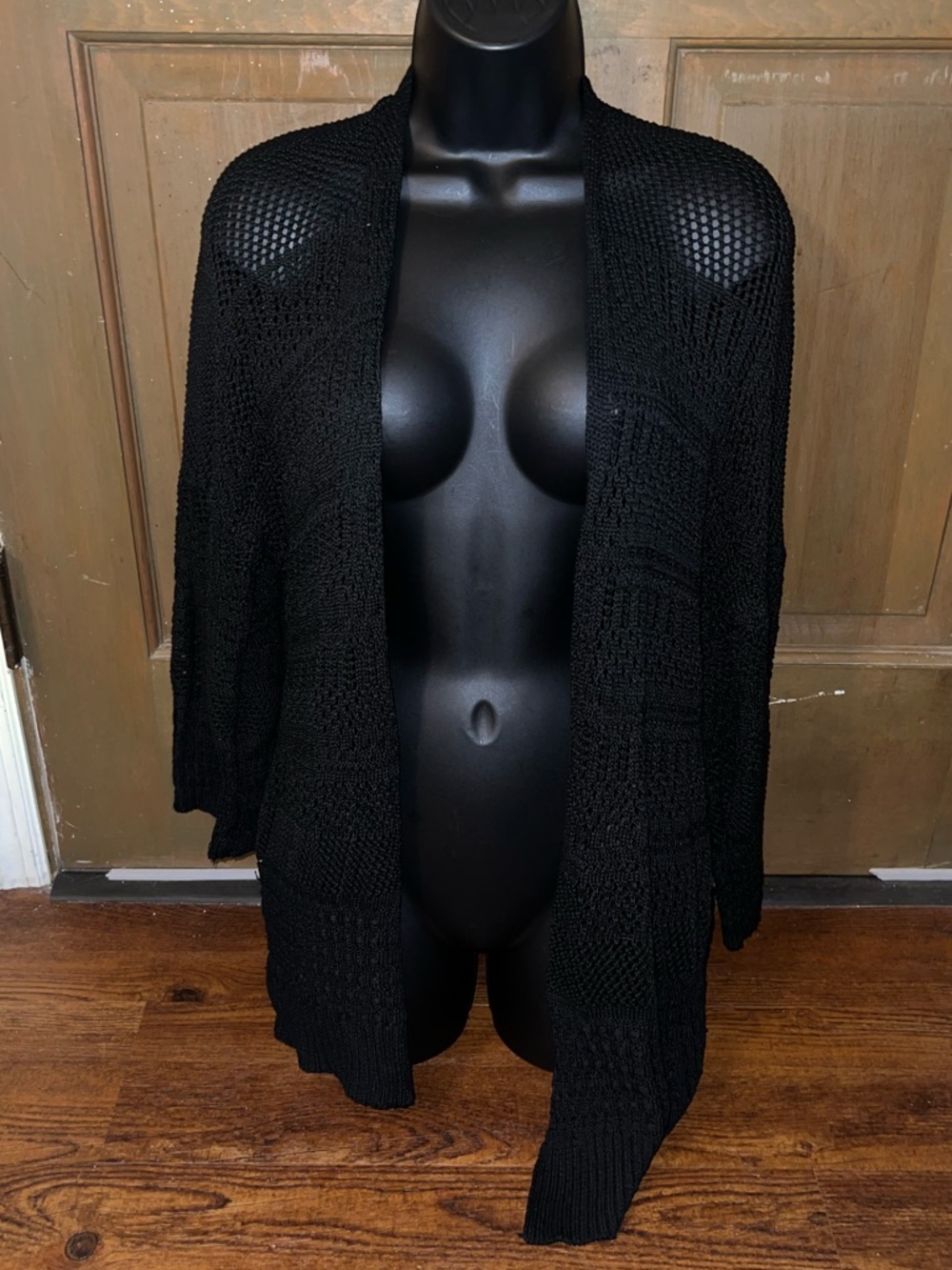 Crochet Black Open-Front Knit Long Sleeve Flowy Cardigan One Size
